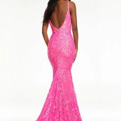 In Stock Mermaid Dresses Ashley Lauren 11113 Size 0 Hot Pink Long Fitted Sequin Prom Dress Pageant Gown V Neck