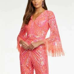 Ashleylauren Ashley Lauren 11181 Fully Beaded Bell Sleeve Jumpsuit With Fringe Details