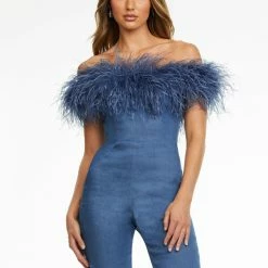 Ashleylauren Ashley Lauren 11123 Stretch Denim Jumpsuit With Feather Neckline Details