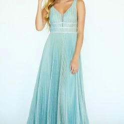 In Stock Jolene 20005 Size 12 Long Pleated Iridescent Glitter Prom Dress Formal Gown V Neck