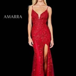 Amarra 20042 Long Fitted Lace High Slit Formal Prom Dress V Neck Evening Gown Backless Dresses