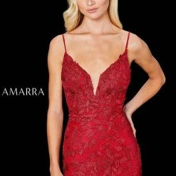 Amarra 20042 Long Fitted Lace High Slit Formal Prom Dress V Neck Evening Gown Backless Dresses