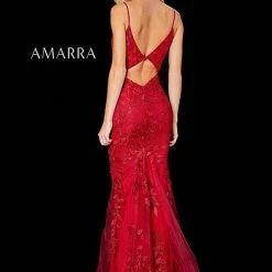 Amarra 20042 Long Fitted Lace High Slit Formal Prom Dress V Neck Evening Gown Backless Dresses