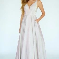 In Stock Ballgown Dresses Jolene 20044 Size 6 Long Iridescent Glitter Ballgown Prom Dress Pockets Sheer Embellished