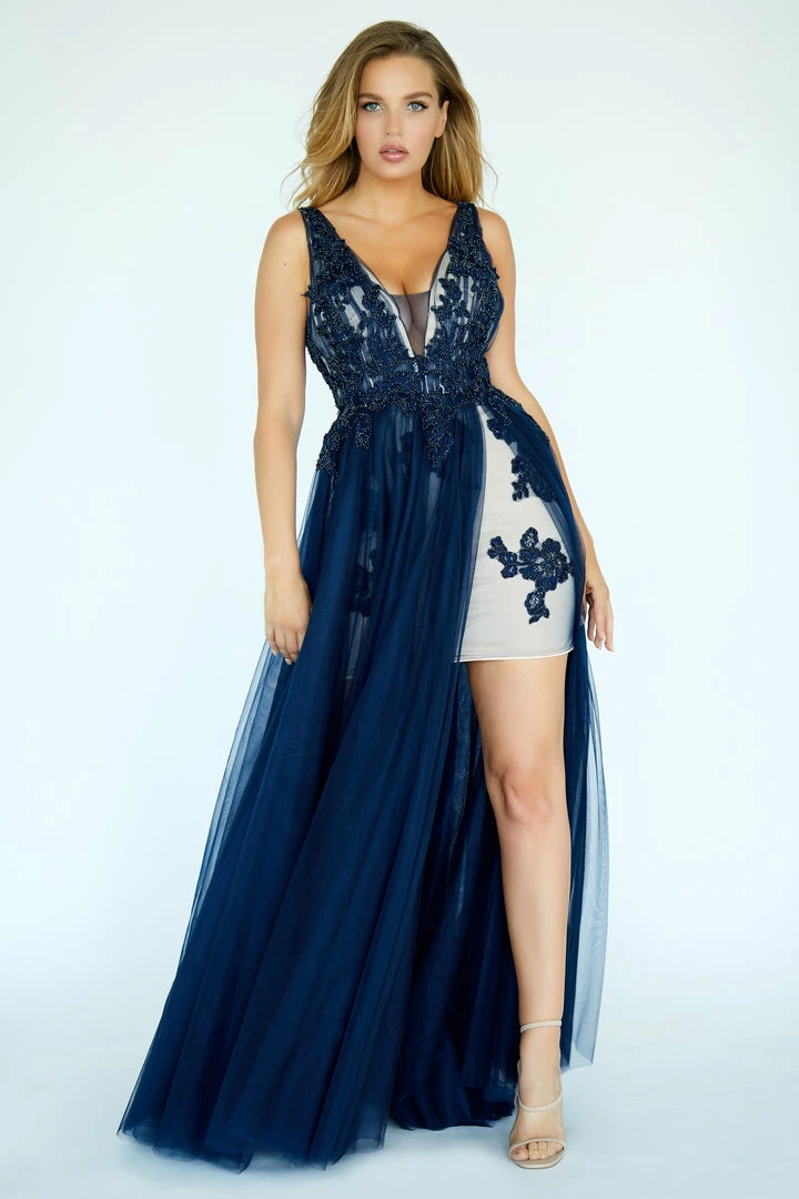 In Stock Jolene 20057 Size 4 Long Mini Skirt High Slit Prom Dress Sexy Evening Gown Lace Applique 3 In Stock Jolene 20057 Size 4 Long Mini Skirt High Slit Prom Dress Sexy Evening Gown Lace Applique