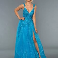 Ballgown Dresses Stella Couture 20058 Long Lace Shimmer V Neck Formal Prom Dress Pageant Gown