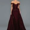 Stella Couture 22067 Long Lace Off The Shoulder Formal Dress Overskirt Burgundy