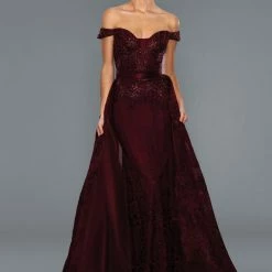 Stella Couture 22067 Long Lace Off The Shoulder Formal Dress Overskirt Burgundy
