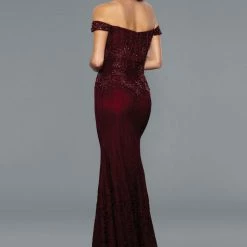 Stella Couture 22067 Long Lace Off The Shoulder Formal Dress Overskirt Burgundy