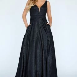 In Stock Ballgown Dresses Jolene 20084 Size 2 Long Black Metallic Shimmer A Line Prom Dress Formal Gown