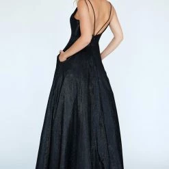 In Stock Ballgown Dresses Jolene 20084 Size 2 Long Black Metallic Shimmer A Line Prom Dress Formal Gown