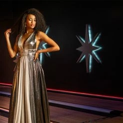 In Stock Johnathan Kayne 2008 Metallic Shimmer Prom Dress Plunging Neckline Pageant Gown Size 10