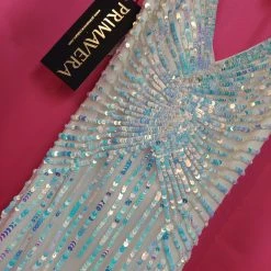 In Stock Primavera Couture 9874 Size 4 Ivory Sequin Formal Prom Dress Backless V Neck