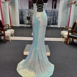 In Stock Marc Defang 8056 Size 2 Long Fitted Sequin V Neckline Backless Prom Dress Corset Gown