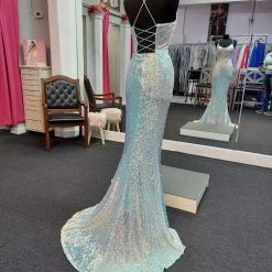 Marc Defang 8056 Long Fitted Sequin V Neckline Backless Prom Dress Corset Gown Backless Dresses