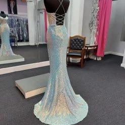 Marc Defang 8056 Long Fitted Sequin V Neckline Backless Prom Dress Corset Gown Backless Dresses