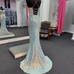 In Stock Marc Defang 8056 Size 2 Long Fitted Sequin V Neckline Backless Prom Dress Corset Gown