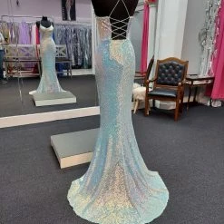 Marc Defang 8056 Long Fitted Sequin V Neckline Backless Prom Dress Corset Gown Backless Dresses