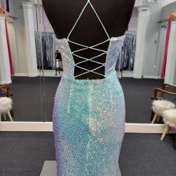 Marc Defang 8056 Long Fitted Sequin V Neckline Backless Prom Dress Corset Gown Backless Dresses