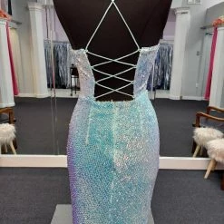 In Stock Marc Defang 8056 Size 2 Long Fitted Sequin V Neckline Backless Prom Dress Corset Gown