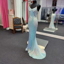 Marc Defang 8056 Long Fitted Sequin V Neckline Backless Prom Dress Corset Gown Backless Dresses