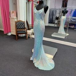 In Stock Marc Defang 8056 Size 2 Long Fitted Sequin V Neckline Backless Prom Dress Corset Gown