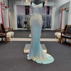 In Stock Marc Defang 8056 Size 2 Long Fitted Sequin V Neckline Backless Prom Dress Corset Gown