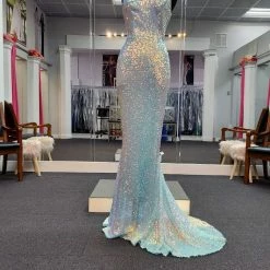 Marc Defang 8056 Long Fitted Sequin V Neckline Backless Prom Dress Corset Gown Backless Dresses