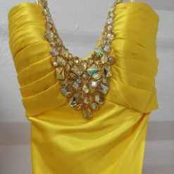 In Stock Alyce Designs 6582 Size 10 Yellow Satin Fitted Prom Dress Slit Corset Formal Gown