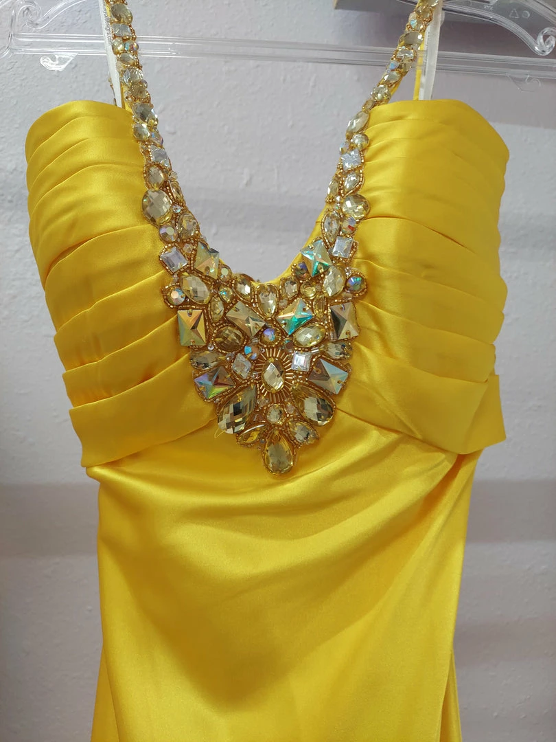 In Stock Alyce Designs 6582 Size 10 Yellow Satin Fitted Prom Dress Slit Corset Formal Gown 4 In Stock Alyce Designs 6582 Size 10 Yellow Satin Fitted Prom Dress Slit Corset Formal Gown