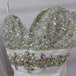 In Stock Riva Designs 6498 White Silver Size 10 Prom Dress Crystal Top Long Gown