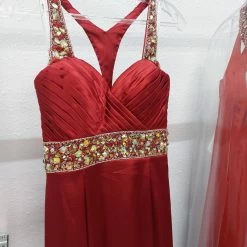 In Stock Xcite Prom Dress 30218 Ruby Red Size 8 Silk Crystal Pageant Gown Halter Slit CLEARANCE