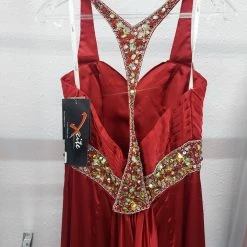 In Stock Xcite Prom Dress 30218 Ruby Red Size 8 Silk Crystal Pageant Gown Halter Slit CLEARANCE