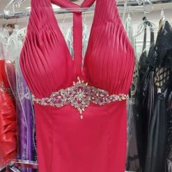 In Stock CLEARANCE Xcite Prom Dress 30189 Rasberry Satin Long Gown Size 12 Halter Crystal Pageant