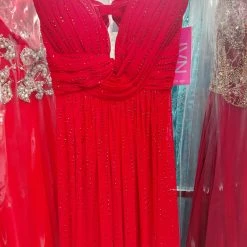 In Stock Backless Dresses Jovani JVN45683 Size 00 Red Draped Babydoll Formal Crystal Studded Formal Dress