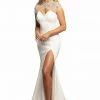 In Stock Mermaid Dresses Johnathan Kayne 2024 Size 8 White Mermaid Slit Prom Dress Pageant Gown Sheer Neckline Crystal