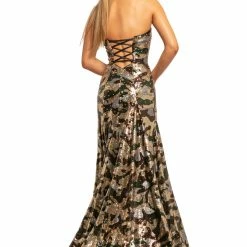 Discontinued Ballgown Dresses Johnathan Kayne 2027 Sequin Camo Sexy Fitted Pageant Prom Dress High Slit Train