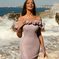 Blush Prom 20405 Short Fitted Off The Shoulder Puff Sleeve Cocktail Dress Shimmer