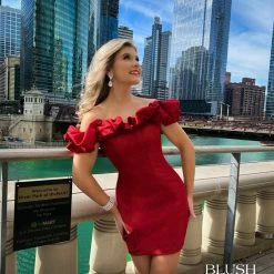 Blush Prom 20405 Short Fitted Off The Shoulder Puff Sleeve Cocktail Dress Shimmer