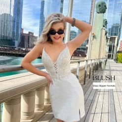 Blush Prom 20409 Short Fitted Shimmer V Neck Cocktail Dress Backless Corset Gown