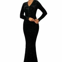 Johnathan Kayne 2045 Crystal Velvet Long Sleeve Prom Dress Pageant Gown With Train Long Sleeve Dresses