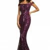 In Stock Johnathan Kayne 2064 Size 14 Plum Fitted Sequin Off Shoulder Prom Dress Pageant Gown