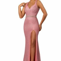 In Stock Johnathan Kayne 2071 Size 0 Long Metallic Glitter Prom Dress Pageant Gown V Neck Pink