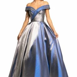 Discontinued Ballgown Dresses Johnathan Kayne 2072 Metallic Shimmer Brocade Off Shoulder Ballgown Prom Dress