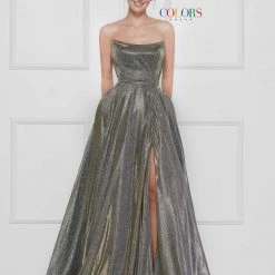 Colors 2078 Long Maxi Slit Shimmer Ballgown Peak Neckline Prom Dress Pageant Ballgown Dresses