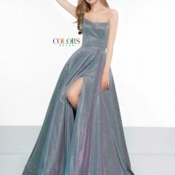 Colors 2078 Long Maxi Slit Shimmer Ballgown Peak Neckline Prom Dress Pageant Ballgown Dresses