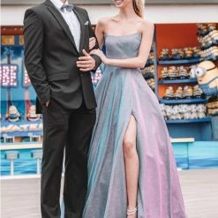 Colors 2078 Long Maxi Slit Shimmer Ballgown Peak Neckline Prom Dress Pageant Ballgown Dresses