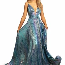 In Stock Johnathan Kayne 2094 Size 2 Iridescent Royal Metallic Prom Dress Plunging Neckline Holographic