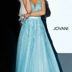 Discontinued Jovani 2098 Sheer Embellished Shimmer Ballgown Prom Dress Floral Plunging Neckline Ballgown Dresses