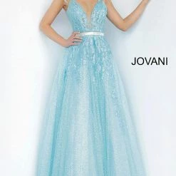 Discontinued Jovani 2098 Sheer Embellished Shimmer Ballgown Prom Dress Floral Plunging Neckline Ballgown Dresses